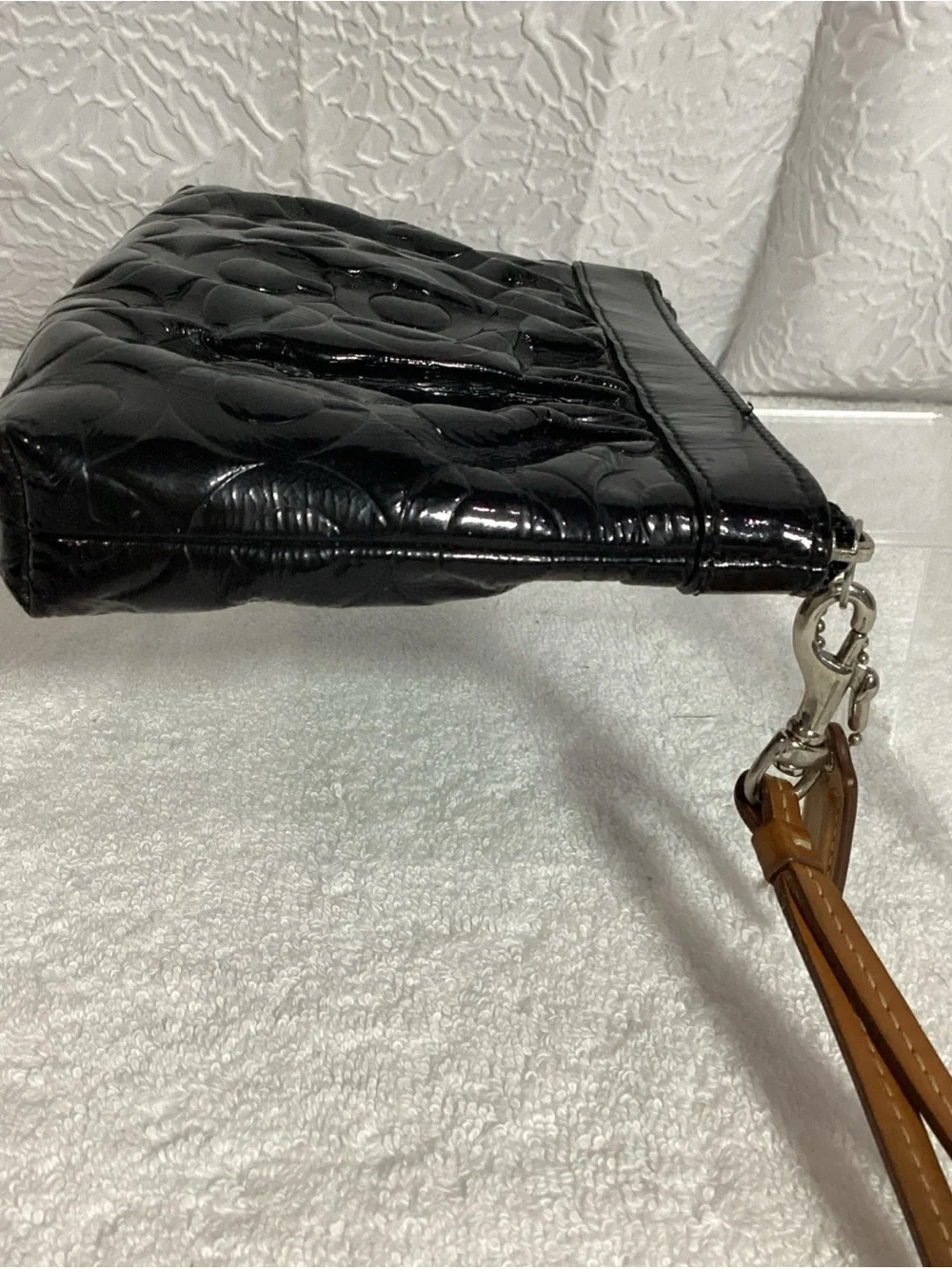 COACH Black Signature Embossed C Patent Leather Bag with Charm & Wrist Strap